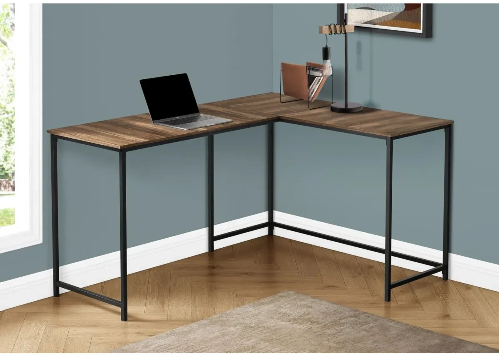 Computer Desk, Home Office, Corner, 58"L, L Shape, Work, Laptop, Metal, Laminate, Brown, Black, Contemporary, Modern