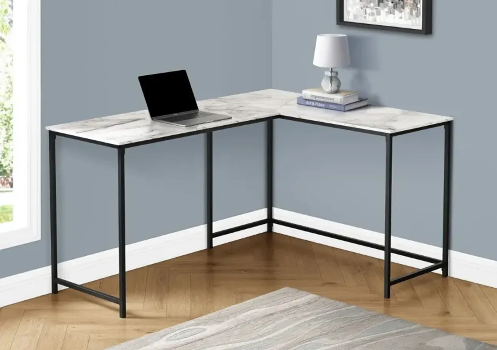 Computer Desk, Home Office, Corner, 58"L, L Shape, Work, Laptop, Metal, Laminate, White Marble Look, Black, Contemporary, Modern