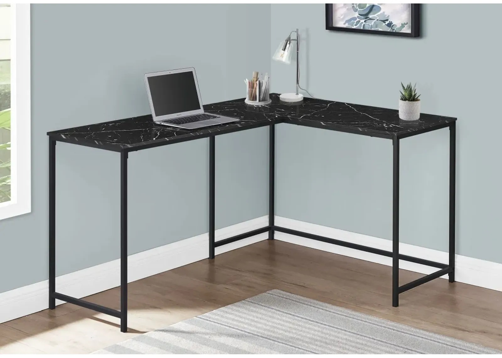 Computer Desk, Home Office, Corner, 58"L, L Shape, Work, Laptop, Metal, Laminate, Black Marble Look, Contemporary, Modern