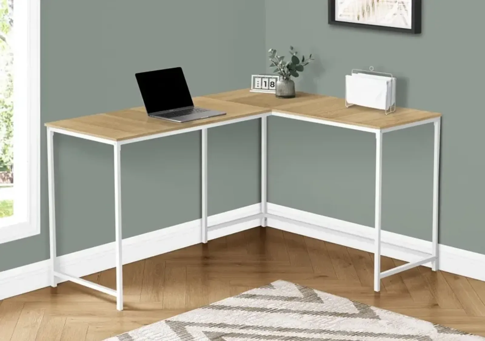 Computer Desk, Home Office, Corner, 58"L, L Shape, Work, Laptop, Metal, Laminate, Natural, White, Contemporary, Modern