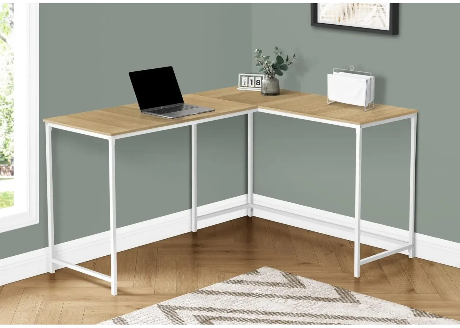 Computer Desk, Home Office, Corner, 58"L, L Shape, Work, Laptop, Metal, Laminate, Natural, White, Contemporary, Modern