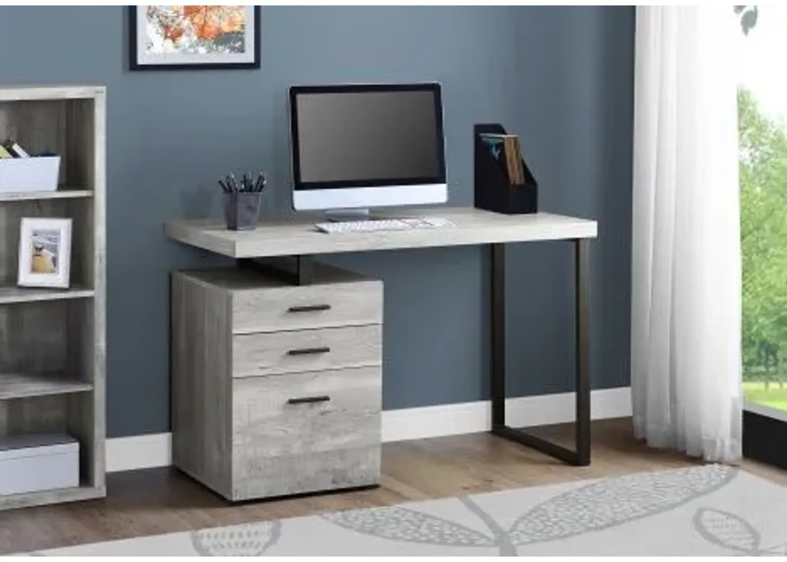 Computer Desk, Home Office, Laptop, Left, Right Set-Up, Storage Drawers, 48"L, Work, Metal, Laminate, Grey, Black, Contemporary, Modern