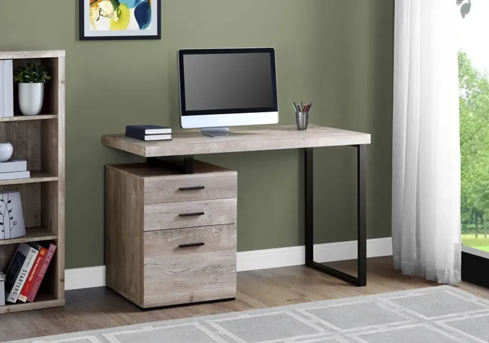 Computer Desk, Home Office, Laptop, Left, Right Set-Up, Storage Drawers, 48"L, Work, Metal, Laminate, Beige, Black, Contemporary, Modern