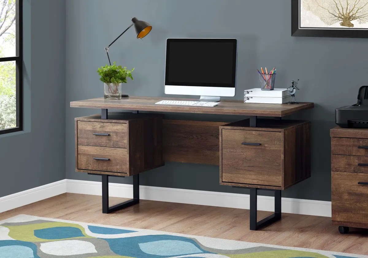 Computer Desk, Home Office, Laptop, Left, Right Set-Up, Storage Drawers, 60"L, Work, Metal, Laminate, Brown, Black, Contemporary, Modern