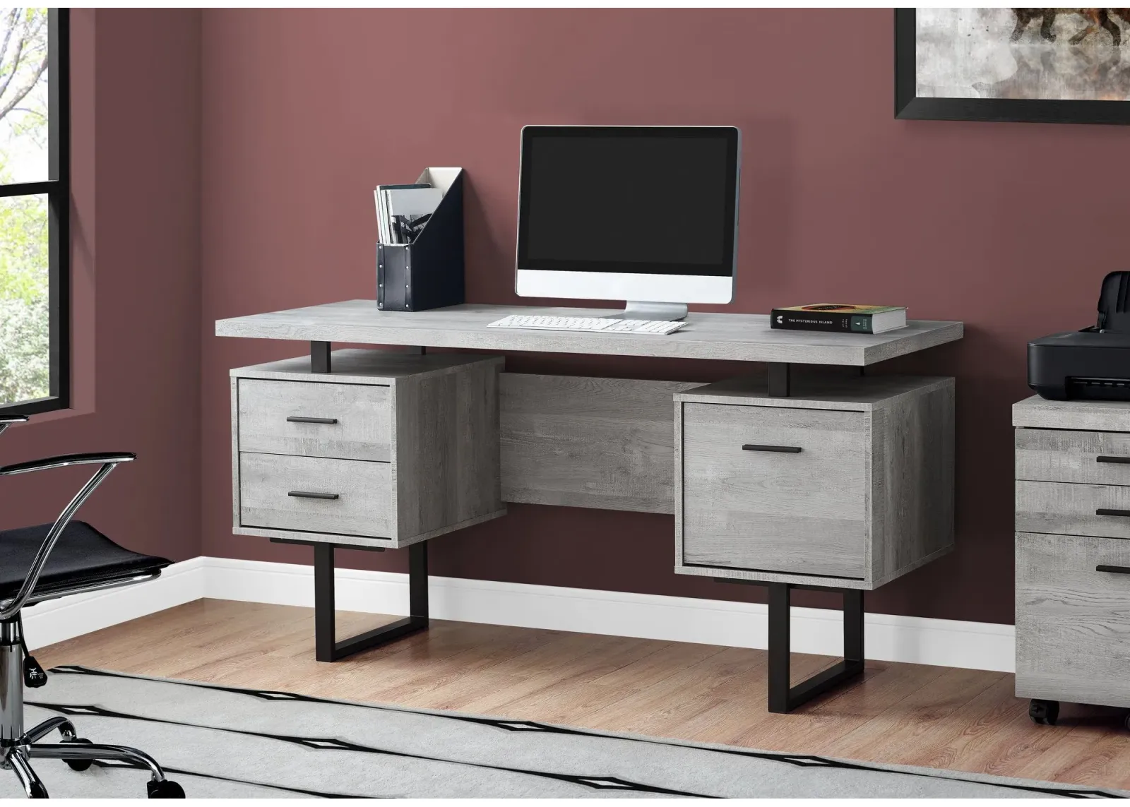 Computer Desk, Home Office, Laptop, Left, Right Set-Up, Storage Drawers, 60"L, Work, Metal, Laminate, Grey, Black, Contemporary, Modern