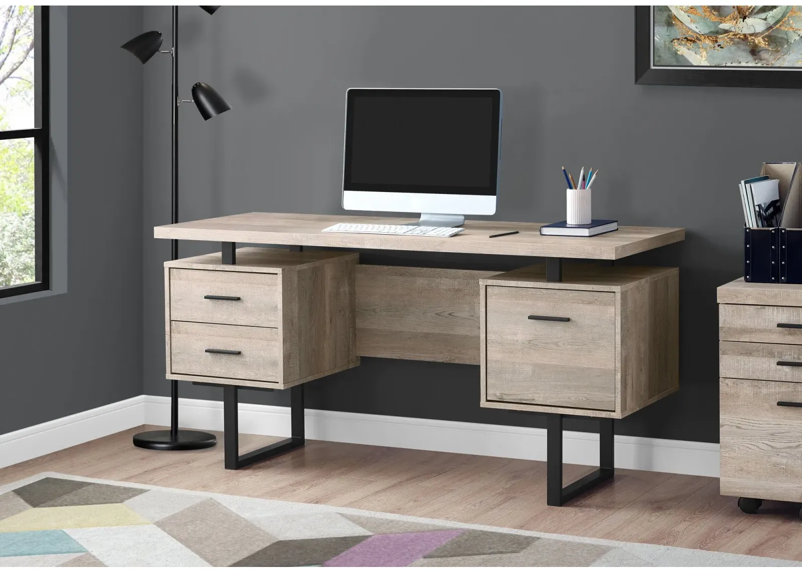 Computer Desk, Home Office, Laptop, Left, Right Set-Up, Storage Drawers, 60"L, Work, Metal, Laminate, Beige, Black, Contemporary, Modern