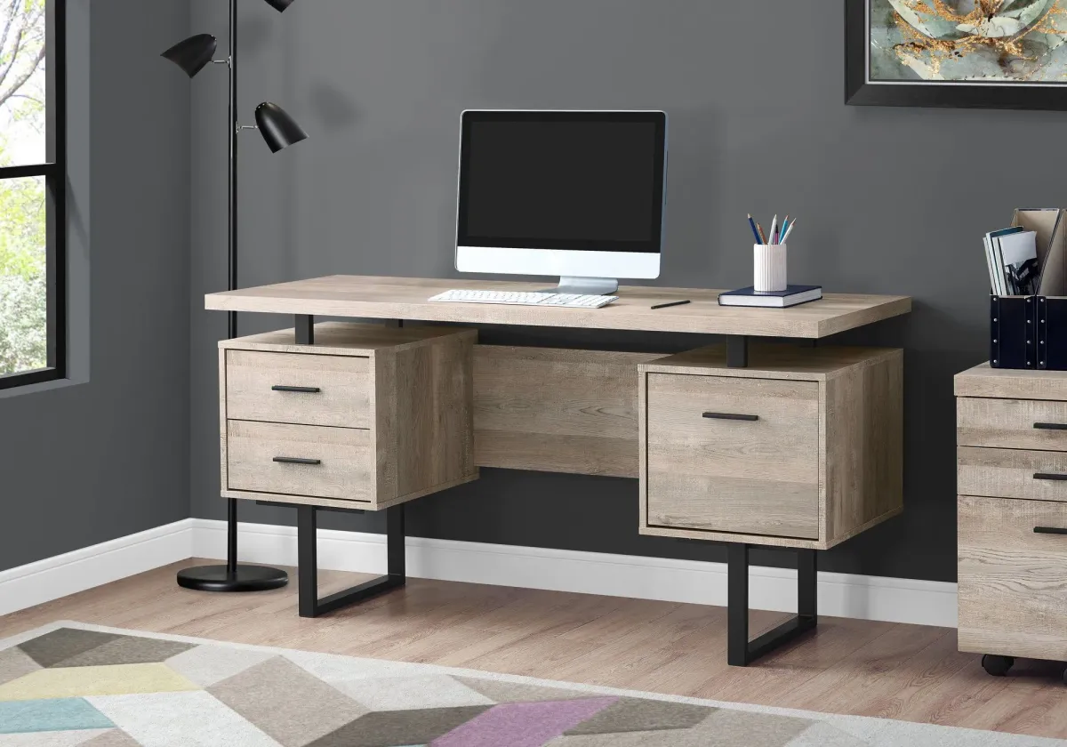 Computer Desk, Home Office, Laptop, Left, Right Set-Up, Storage Drawers, 60"L, Work, Metal, Laminate, Beige, Black, Contemporary, Modern