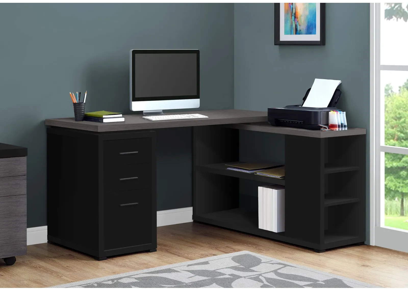 Computer Desk, Home Office, Corner, Left, Right Set-Up, Storage Drawers, L Shape, Work, Laptop, Laminate, Black, Grey, Contemporary, Modern