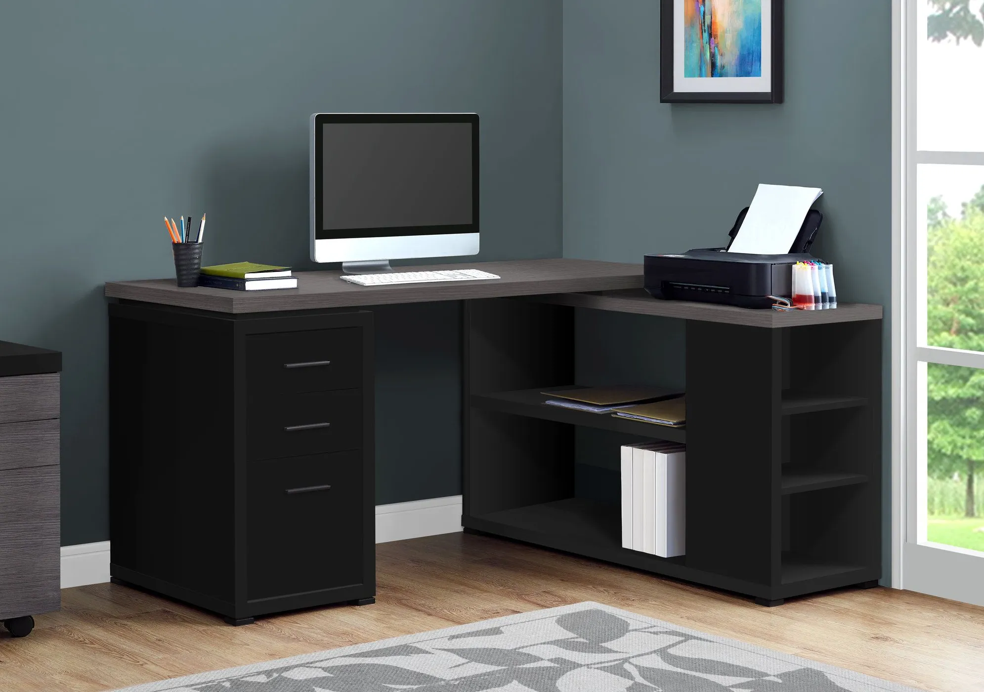 Computer Desk, Home Office, Corner, Left, Right Set-Up, Storage Drawers, L Shape, Work, Laptop, Laminate, Black, Grey, Contemporary, Modern