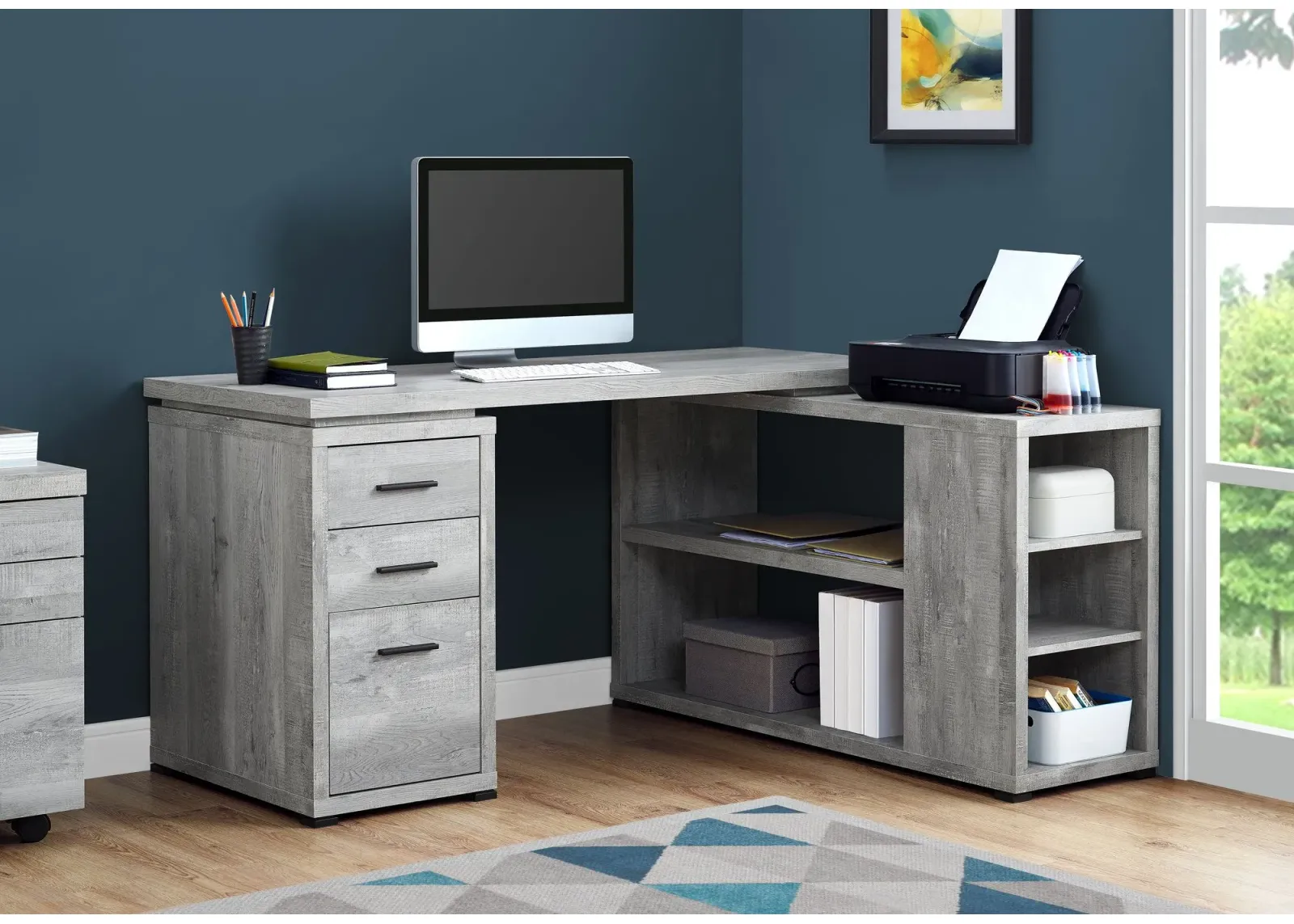 Computer Desk, Home Office, Corner, Left, Right Set-Up, Storage Drawers, L Shape, Work, Laptop, Laminate, Grey, Contemporary, Modern