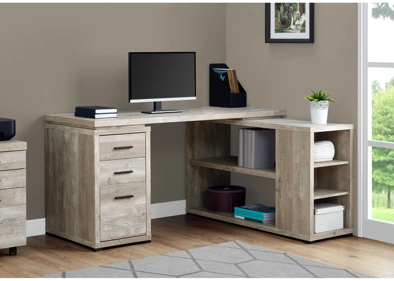 Computer Desk, Home Office, Corner, Left, Right Set-Up, Storage Drawers, L Shape, Work, Laptop, Laminate, Beige, Contemporary, Modern