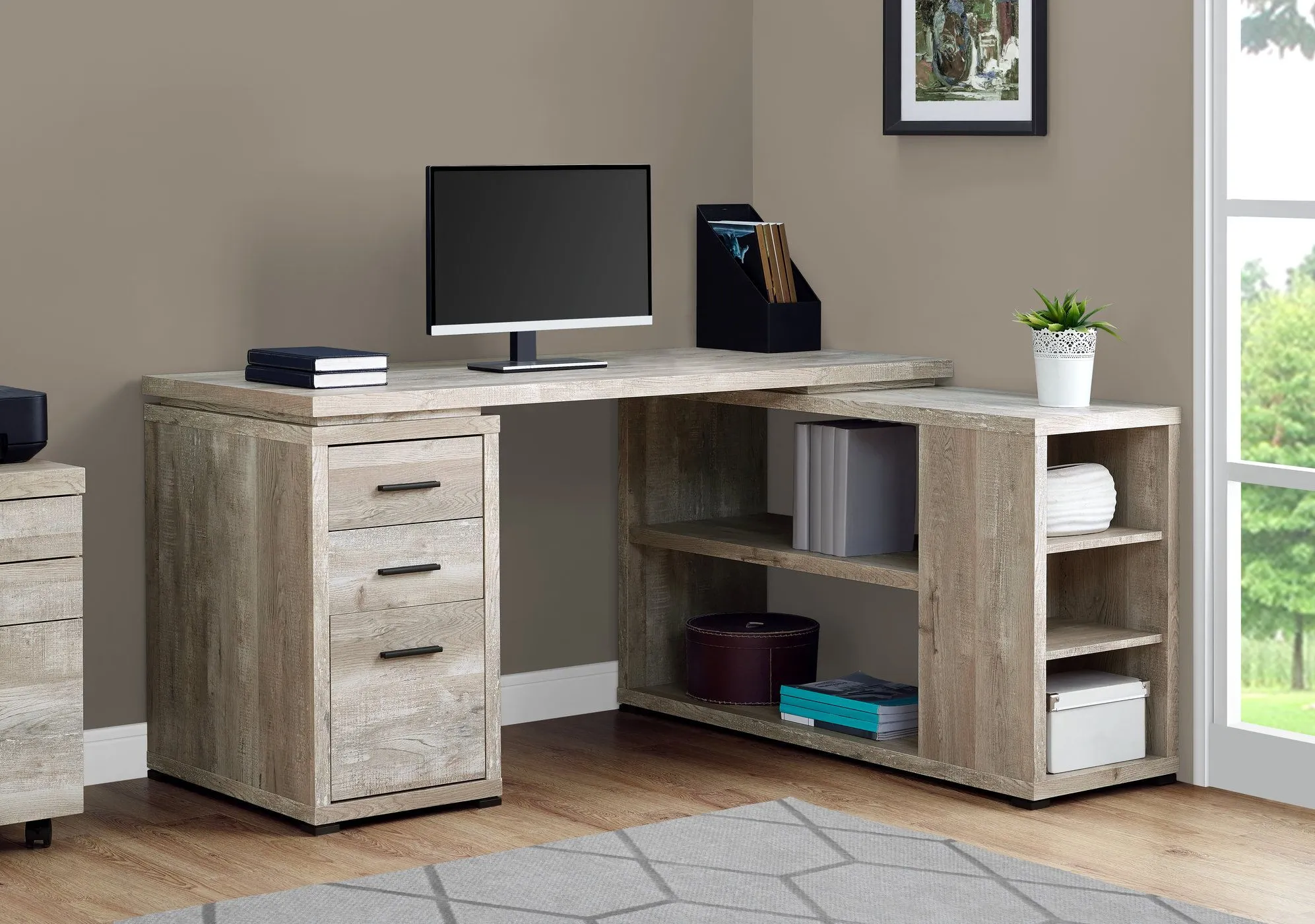 Computer Desk, Home Office, Corner, Left, Right Set-Up, Storage Drawers, L Shape, Work, Laptop, Laminate, Beige, Contemporary, Modern