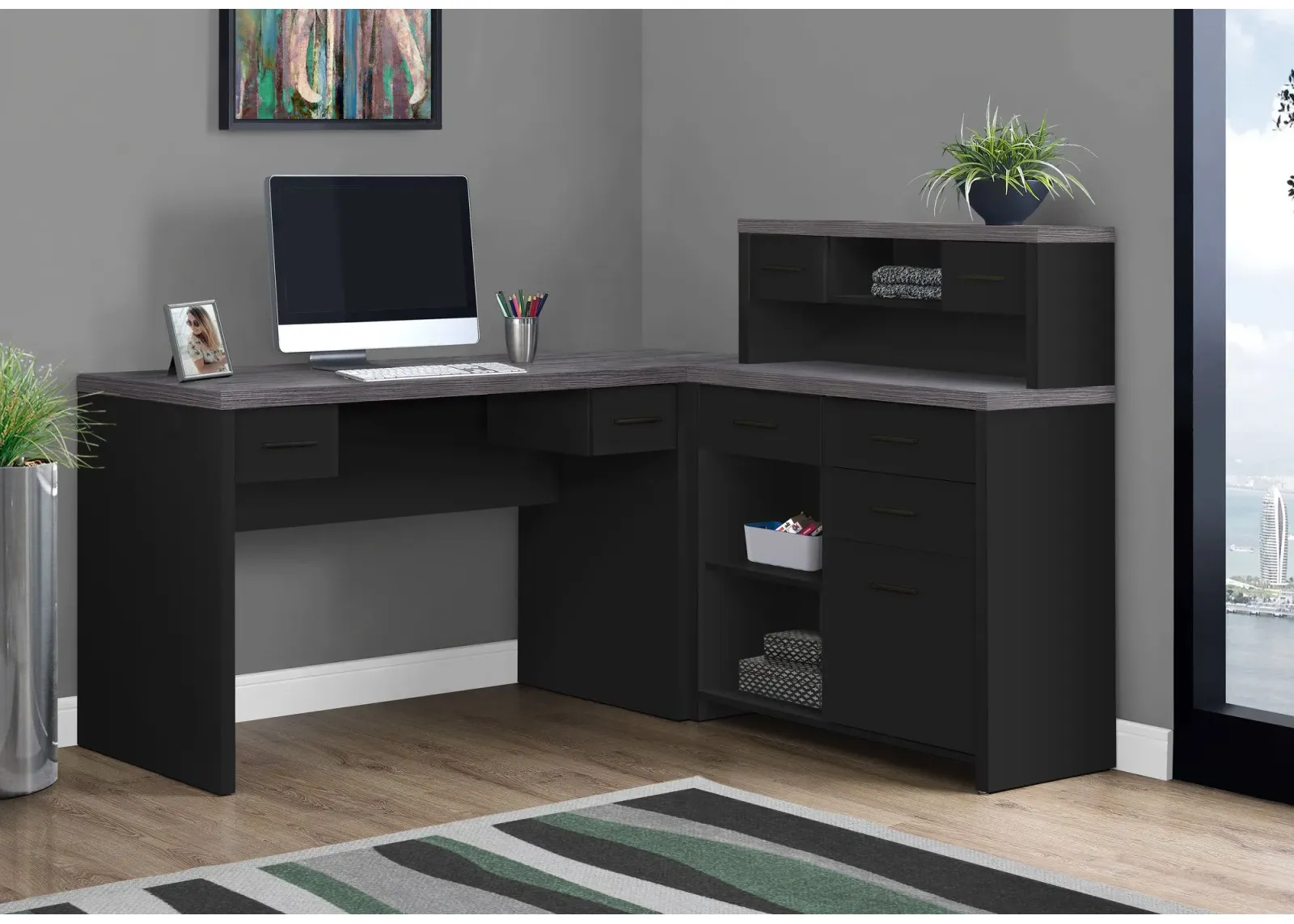 Computer Desk, Home Office, Corner, Left, Right Set-Up, Storage Drawers, L Shape, Work, Laptop, Laminate, Black, Grey, Contemporary, Modern