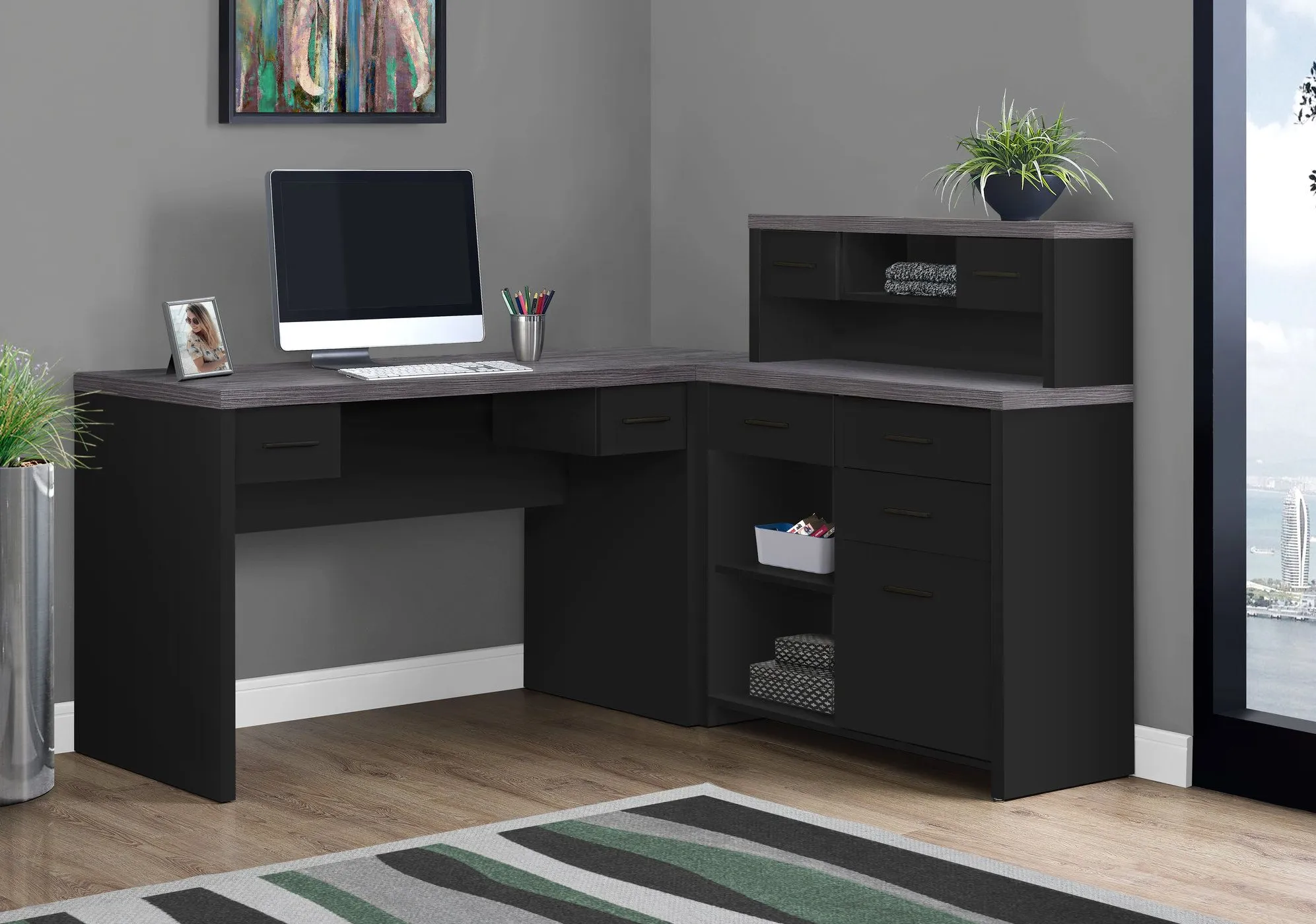Computer Desk, Home Office, Corner, Left, Right Set-Up, Storage Drawers, L Shape, Work, Laptop, Laminate, Black, Grey, Contemporary, Modern