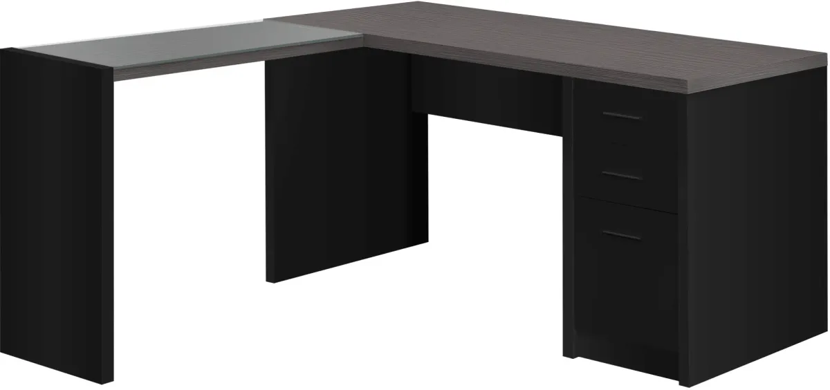 Computer Desk, Home Office, Corner, Left, Right Set-Up, Storage Drawers, L Shape, Work, Laptop, Laminate, Tempered Glass, Black, Grey, Contemporary, Modern