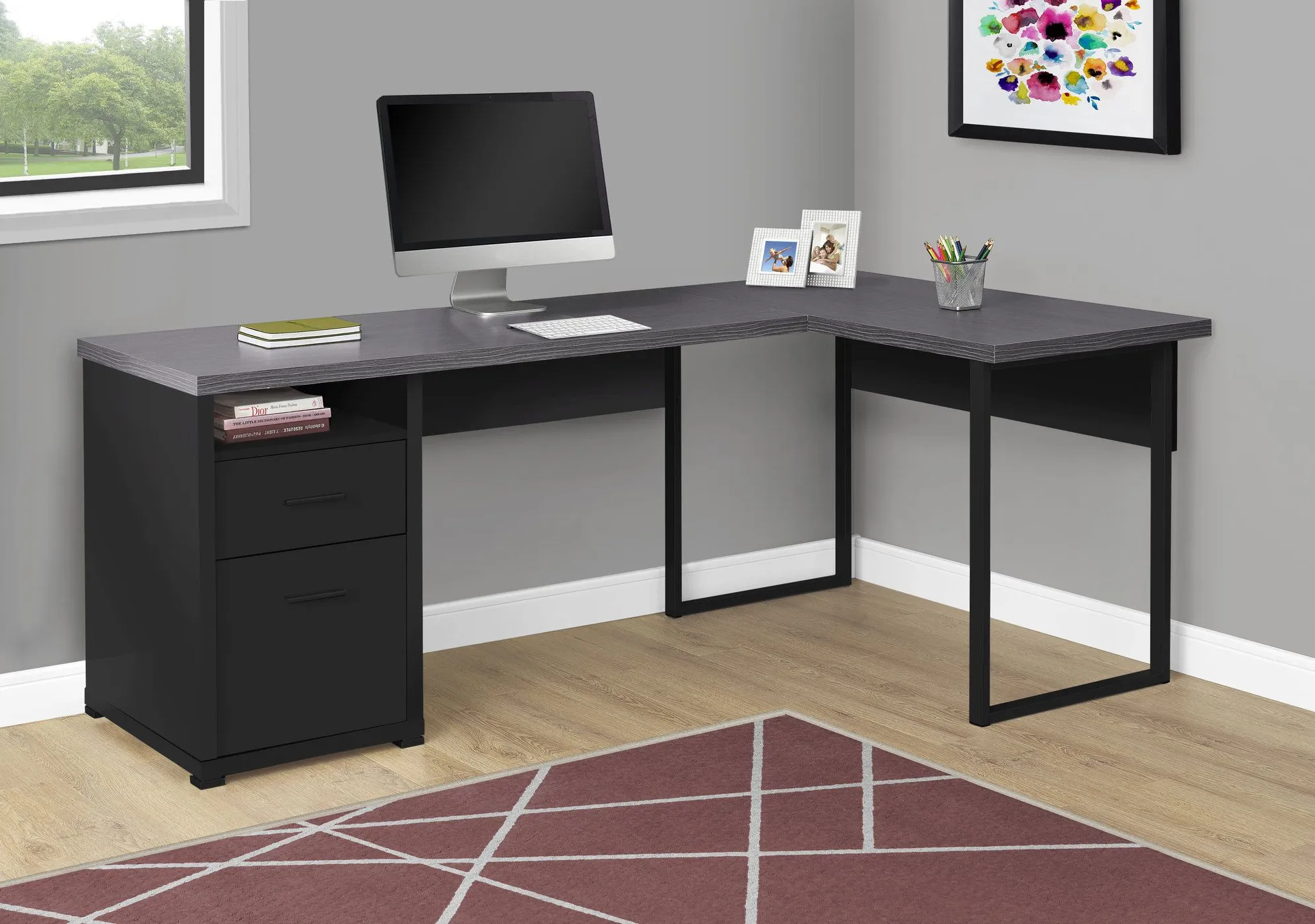 Computer Desk, Home Office, Corner, Left, Right Set-Up, Storage Drawers, 80"L, L Shape, Work, Laptop, Metal, Laminate, Black, Grey, Contemporary, Modern