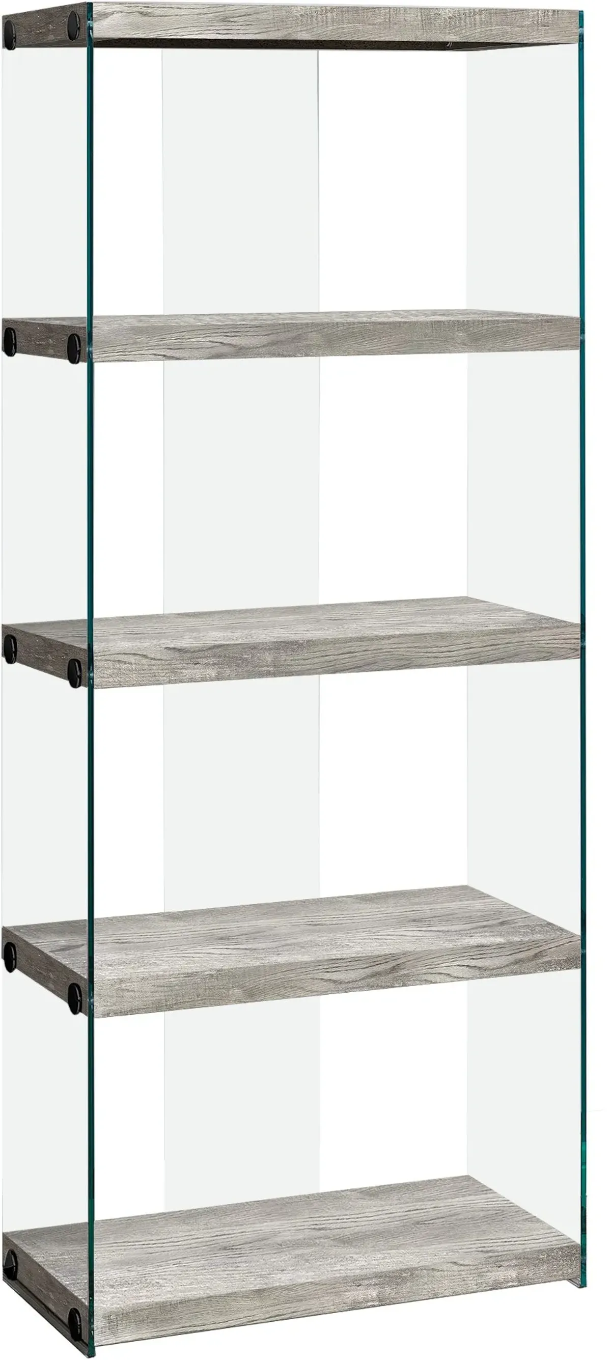 Bookshelf, Bookcase, Etagere, 5 Tier, 60"H, Office, Bedroom, Tempered Glass, Laminate, Grey, Clear, Contemporary, Modern