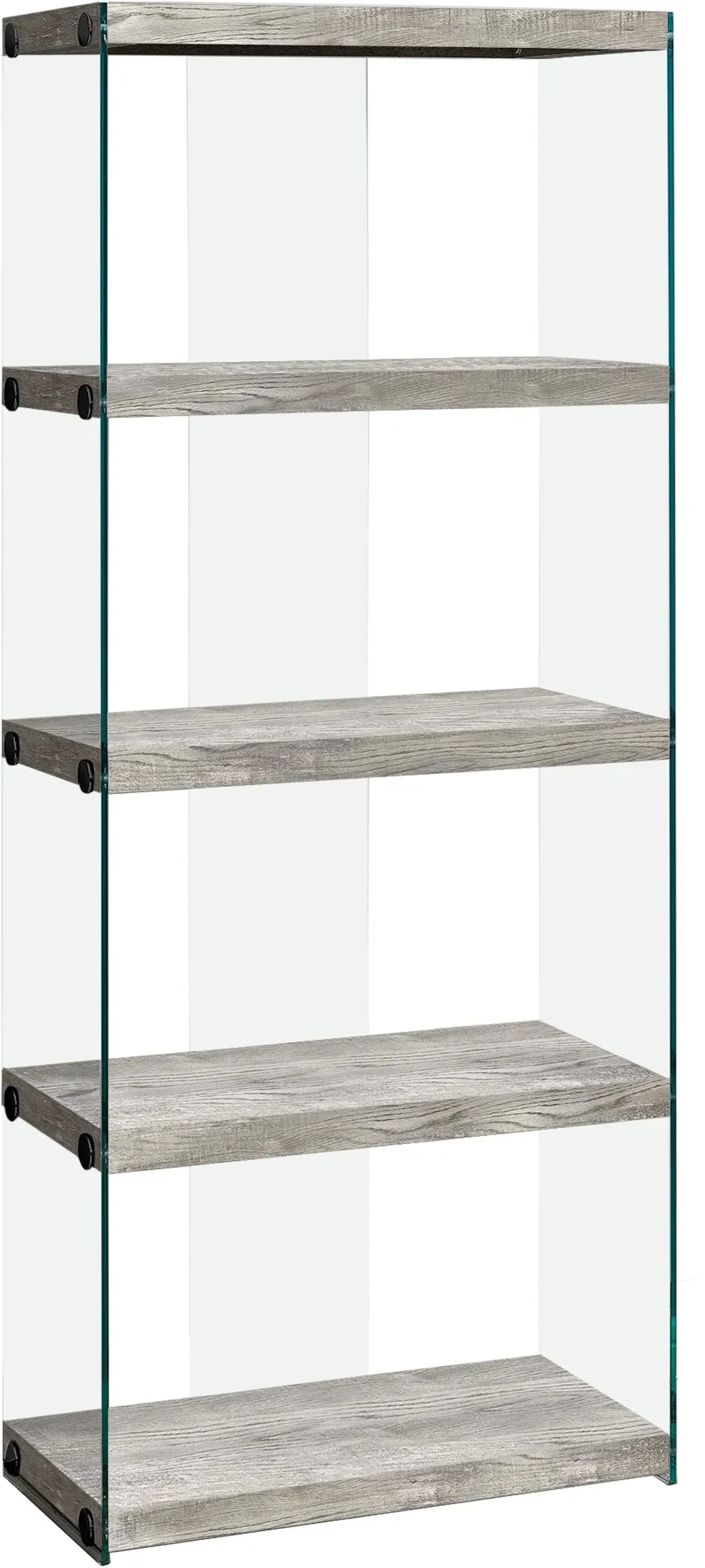 Bookshelf, Bookcase, Etagere, 5 Tier, 60"H, Office, Bedroom, Tempered Glass, Laminate, Grey, Clear, Contemporary, Modern