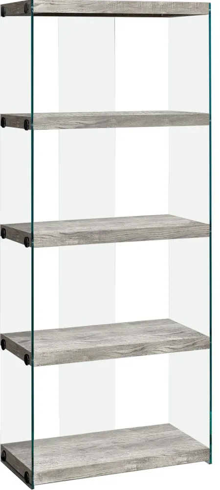 Bookshelf, Bookcase, Etagere, 5 Tier, 60"H, Office, Bedroom, Tempered Glass, Laminate, Grey, Clear, Contemporary, Modern