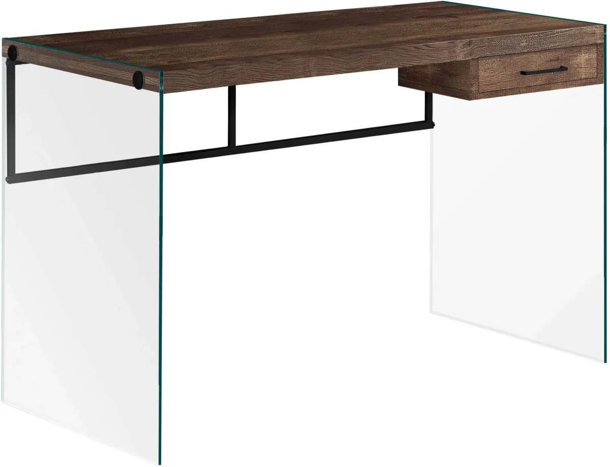 Computer Desk, Home Office, Laptop, Storage Drawers, 48"L, Work, Tempered Glass, Laminate, Brown, Clear, Contemporary, Modern