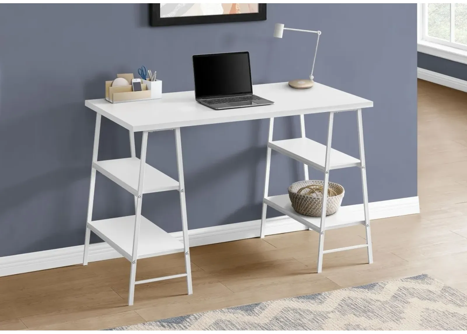 Computer Desk, Home Office, Laptop, Storage Shelves, 48"L, Work, Metal, Laminate, White, Contemporary, Modern