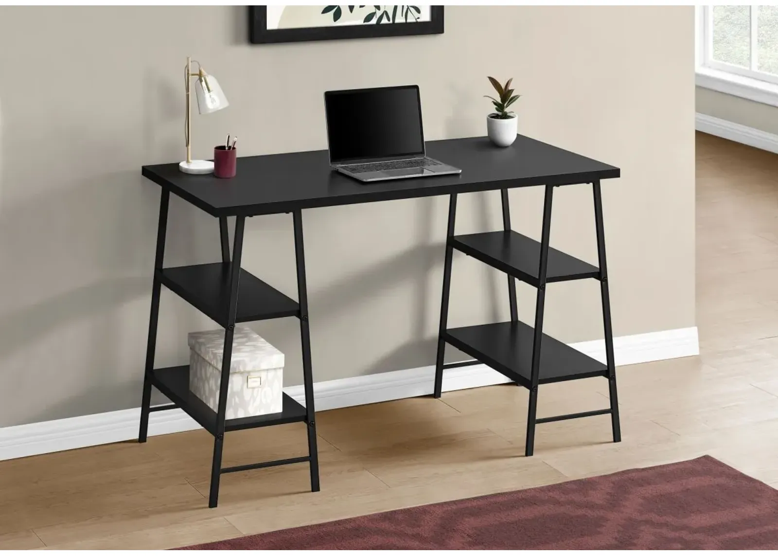 Computer Desk, Home Office, Laptop, Storage Shelves, 48"L, Work, Metal, Laminate, Black, Contemporary, Modern