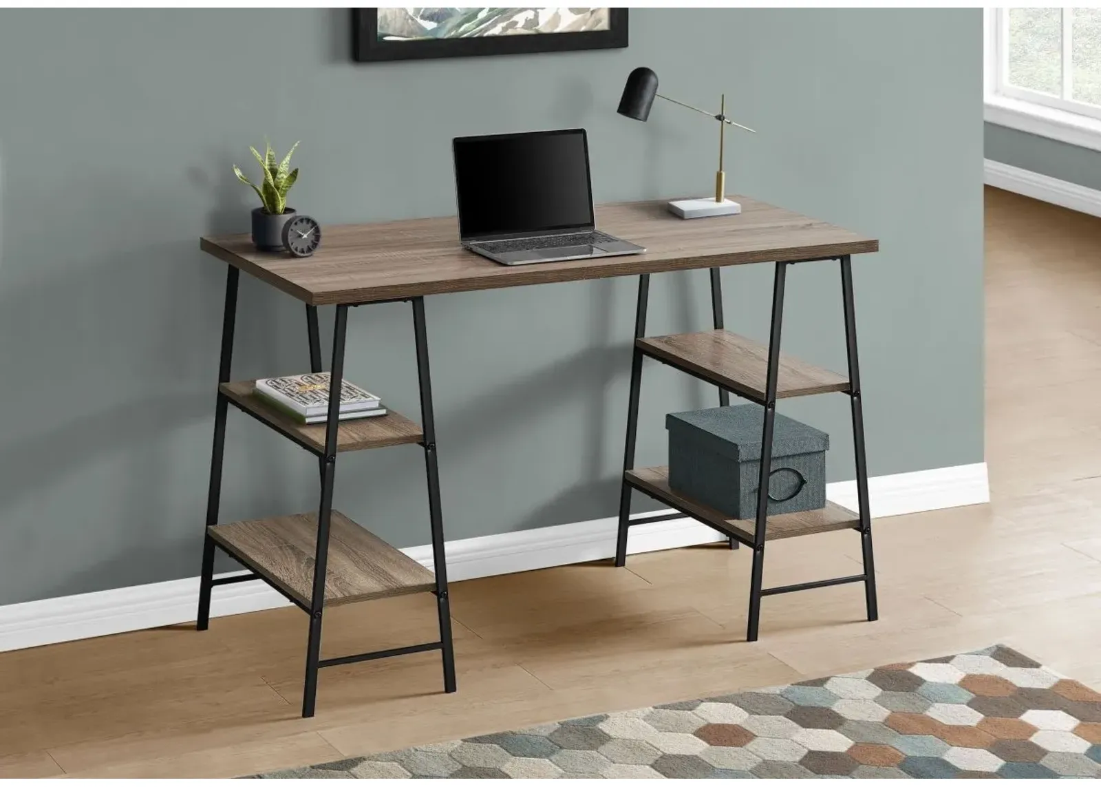 Computer Desk, Home Office, Laptop, Storage Shelves, 48"L, Work, Metal, Laminate, Brown, Black, Contemporary, Modern