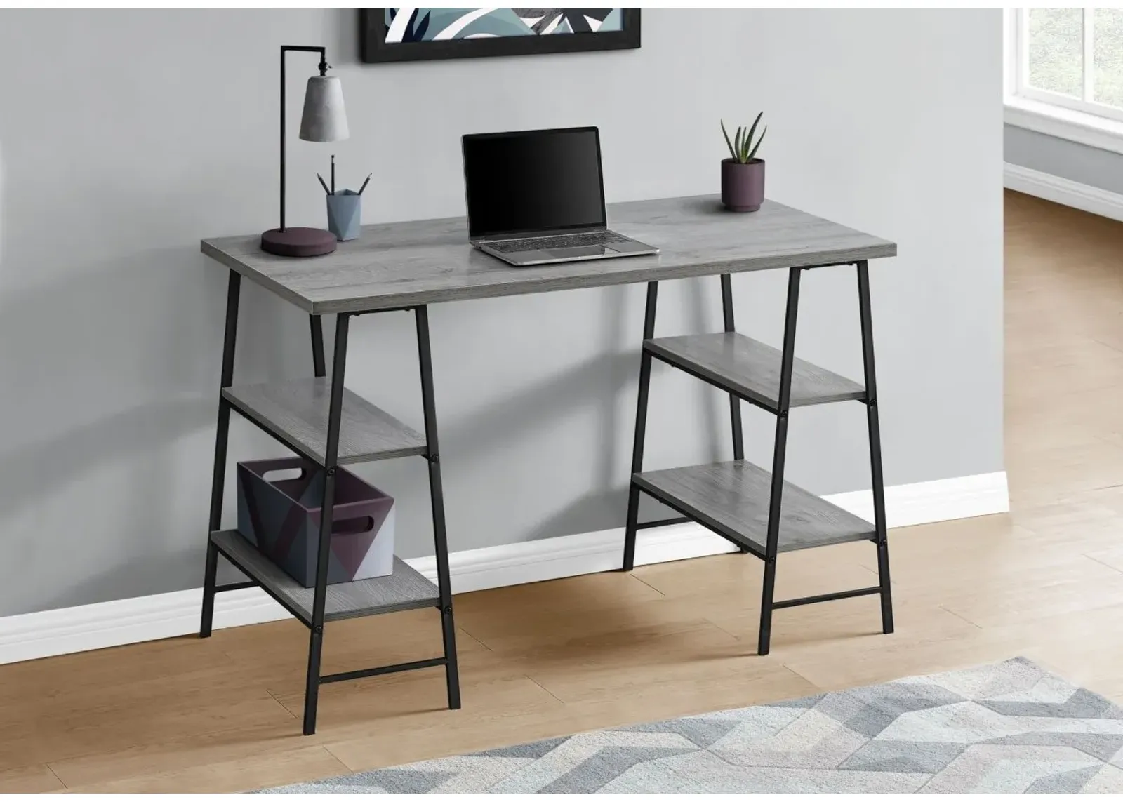 Computer Desk, Home Office, Laptop, Storage Shelves, 48"L, Work, Metal, Laminate, Grey, Black, Contemporary, Modern