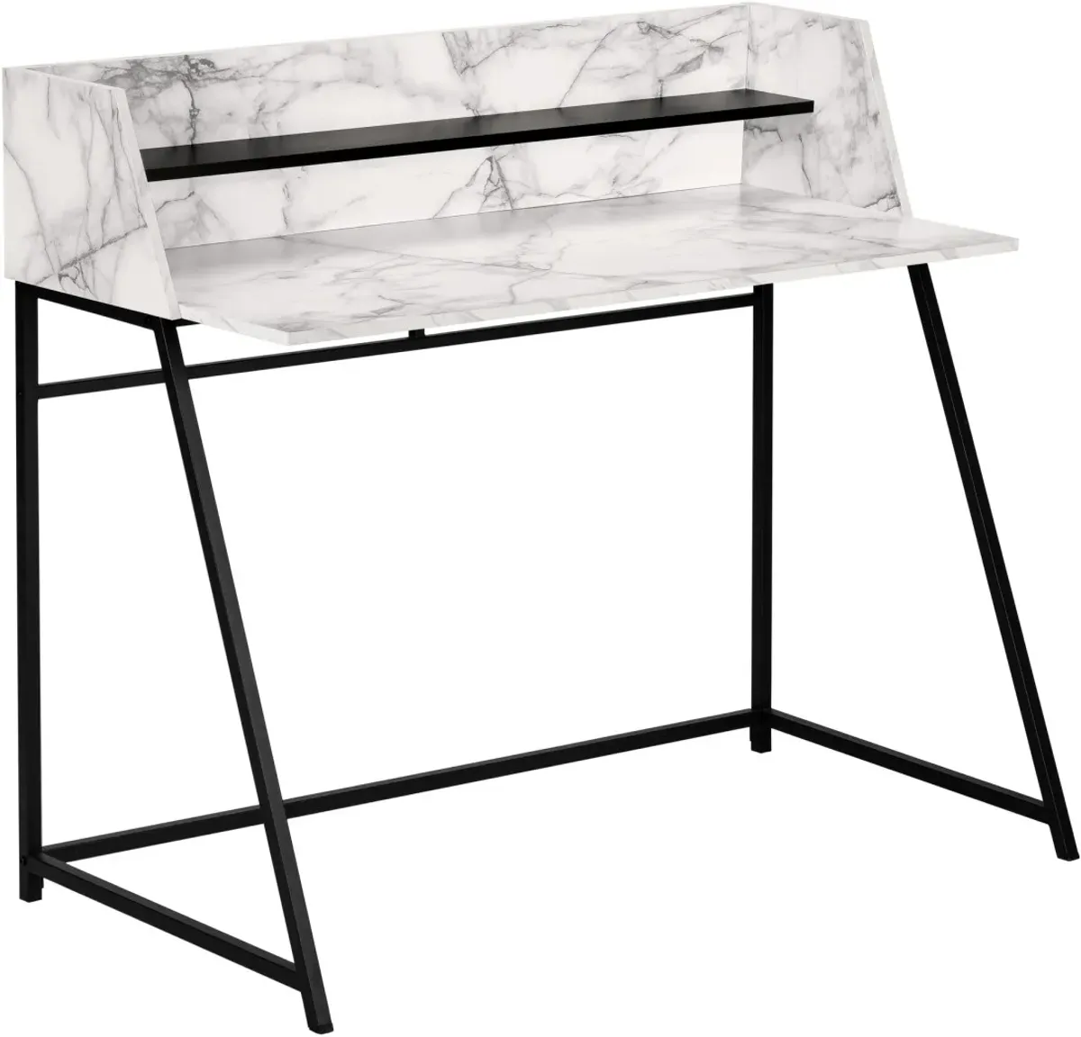 Computer Desk, Home Office, Laptop, Storage Shelves, 48"L, Work, Metal, Laminate, White Marble Look, Black, Contemporary, Modern