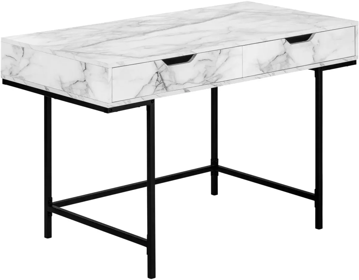 Computer Desk, Home Office, Laptop, Storage Drawers, 48"L, Work, Metal, Laminate, White Marble Look, Black, Contemporary, Modern