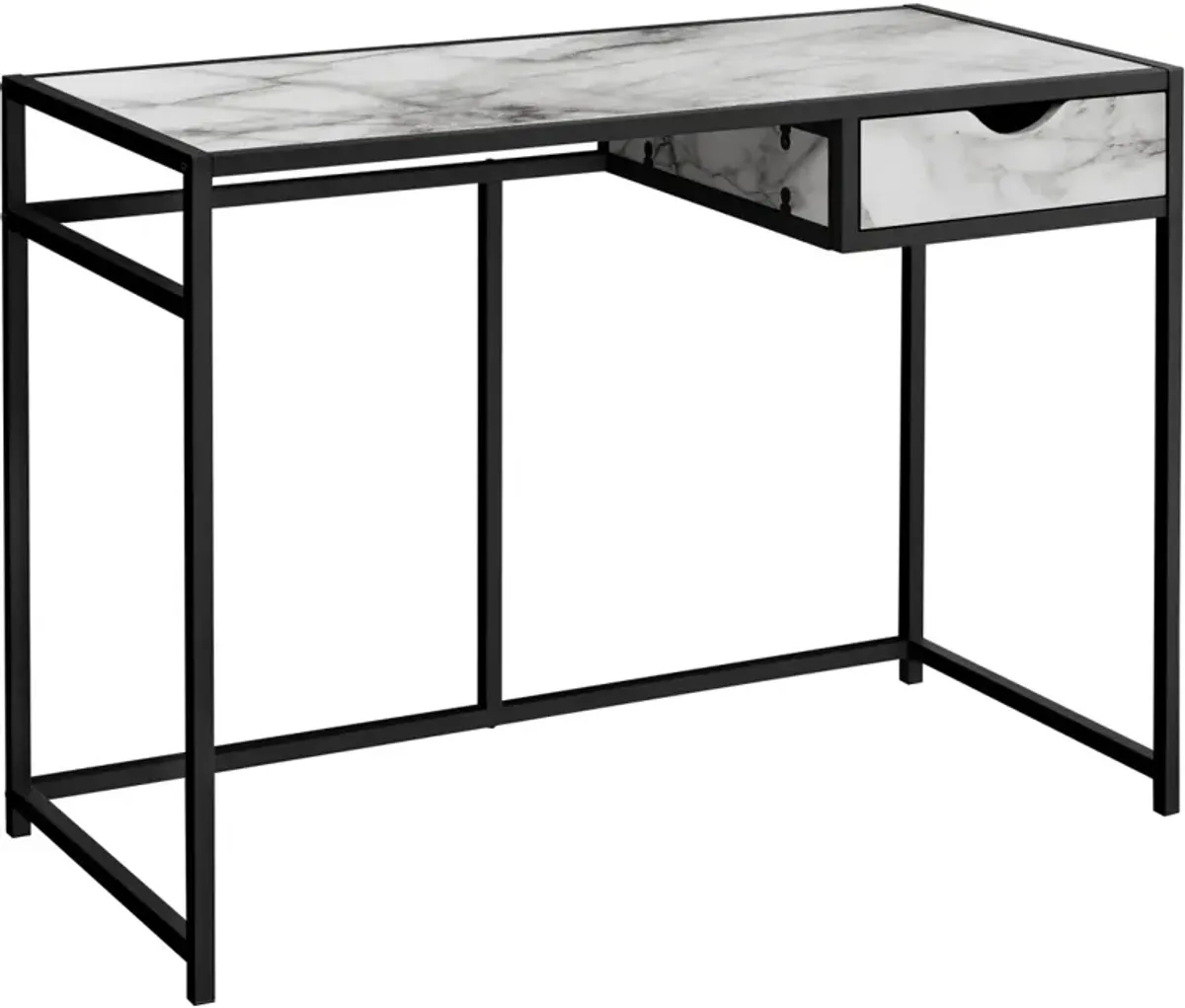 Computer Desk, Home Office, Laptop, Storage Drawer, 42"L, Work, Metal, Laminate, White Marble Look, Black, Contemporary, Modern