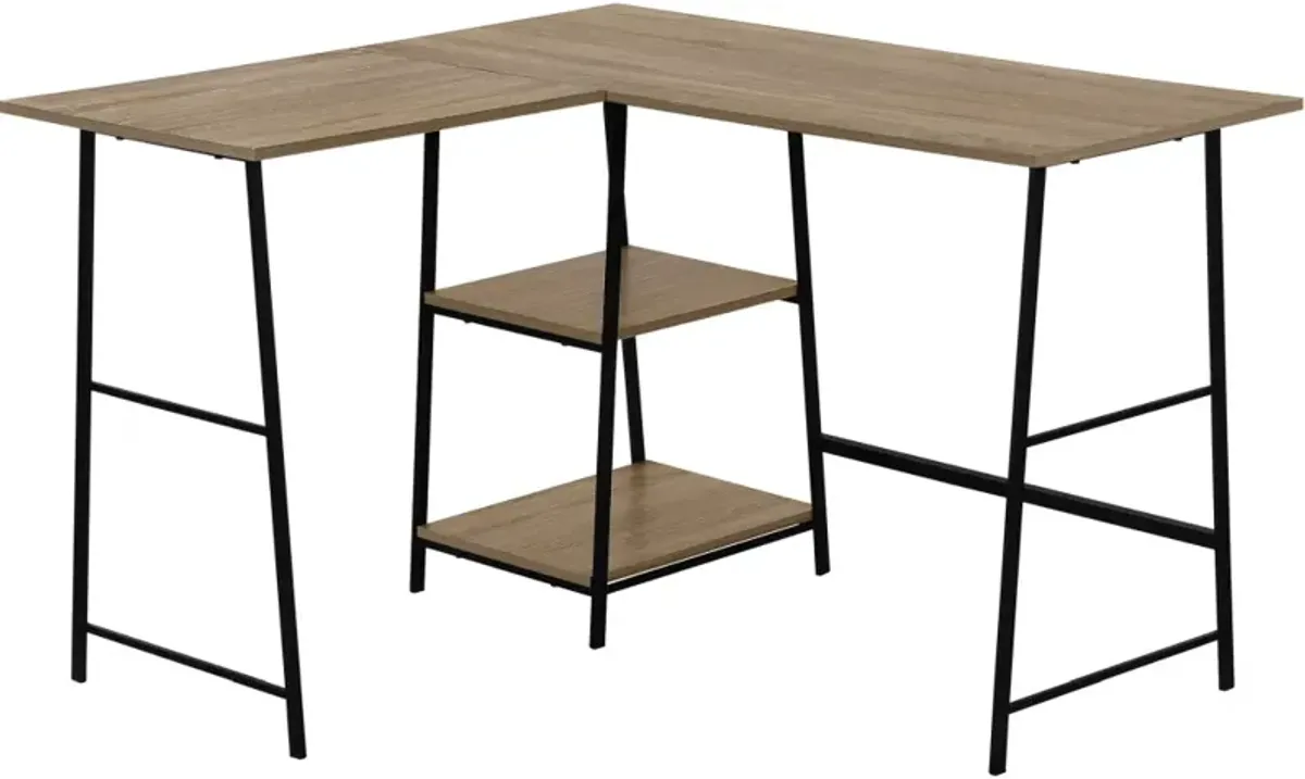 Computer Desk, Home Office, Corner, Storage Shelves, 48"L, L Shape, Work, Laptop, Metal, Laminate, Brown, Black, Contemporary, Modern