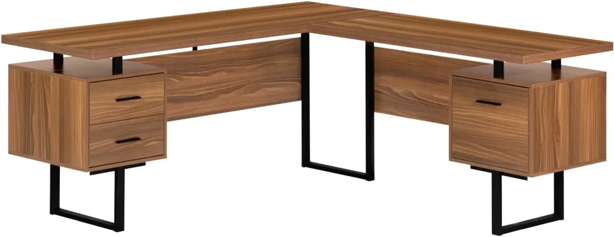 Computer Desk, Home Office, Corner, Left, Right Set-Up, Storage Drawers, 70"L, L Shape, Work, Laptop, Metal, Laminate, Walnut, Black, Contemporary, Modern