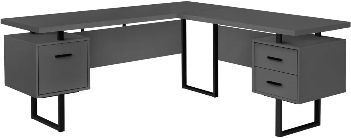 Computer Desk, Home Office, Corner, Left, Right Set-Up, Storage Drawers, 70"L, L Shape, Work, Laptop, Metal, Laminate, Grey, Black, Contemporary, Modern