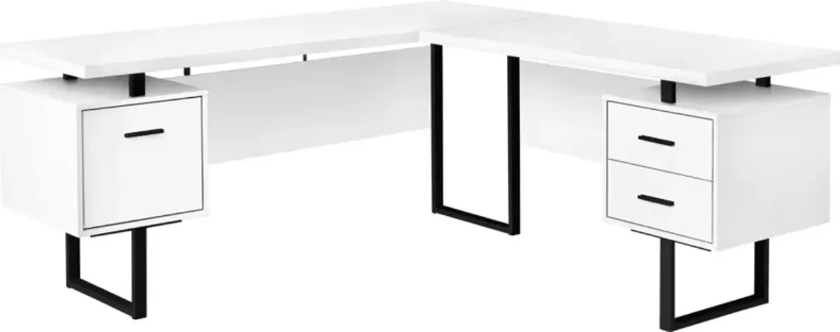 Computer Desk, Home Office, Corner, Left, Right Set-Up, Storage Drawers, 70"L, L Shape, Work, Laptop, Metal, Laminate, White, Black, Contemporary, Modern