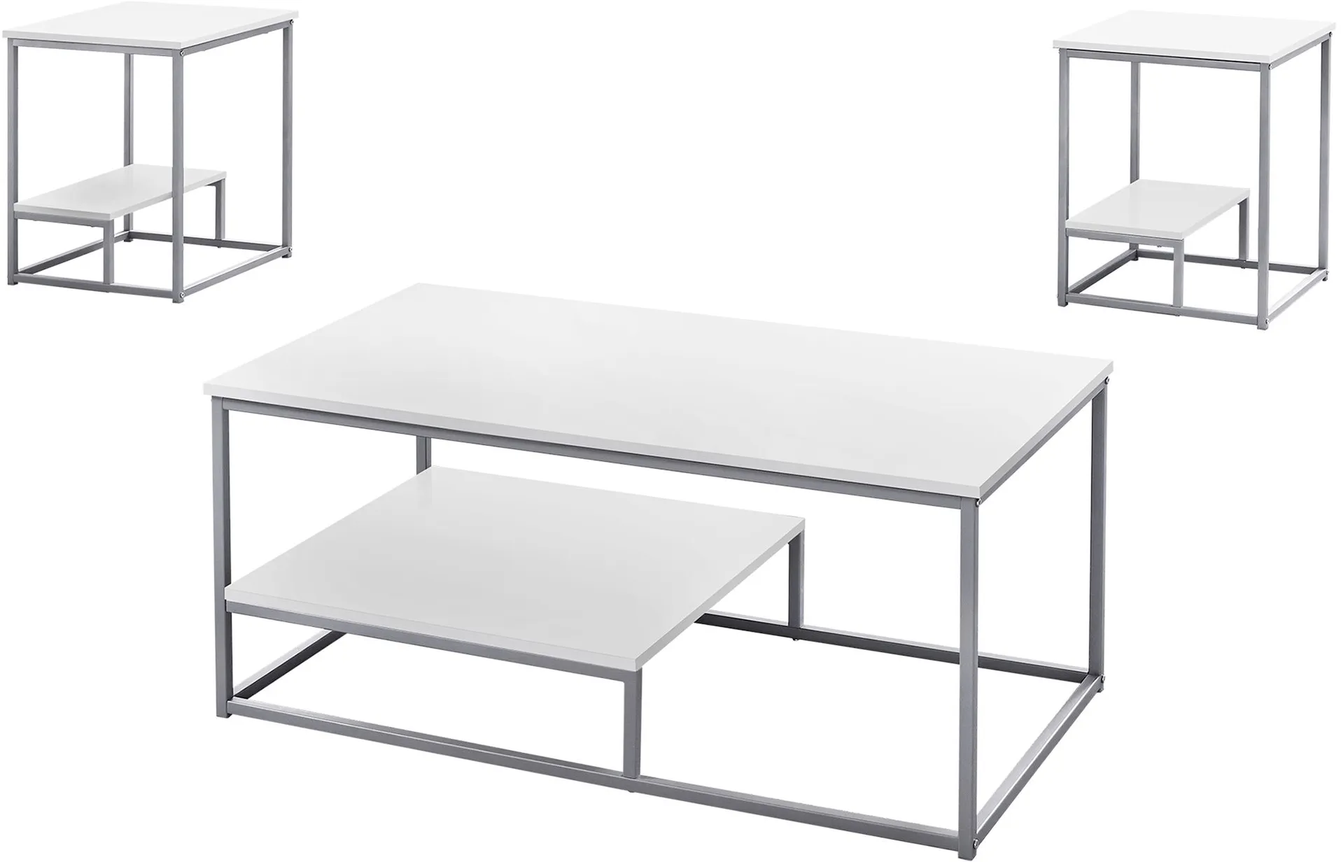 Table Set, 3Pcs Set, Coffee, End, Side, Accent, Living Room, Metal, Laminate, White, Grey, Contemporary, Modern