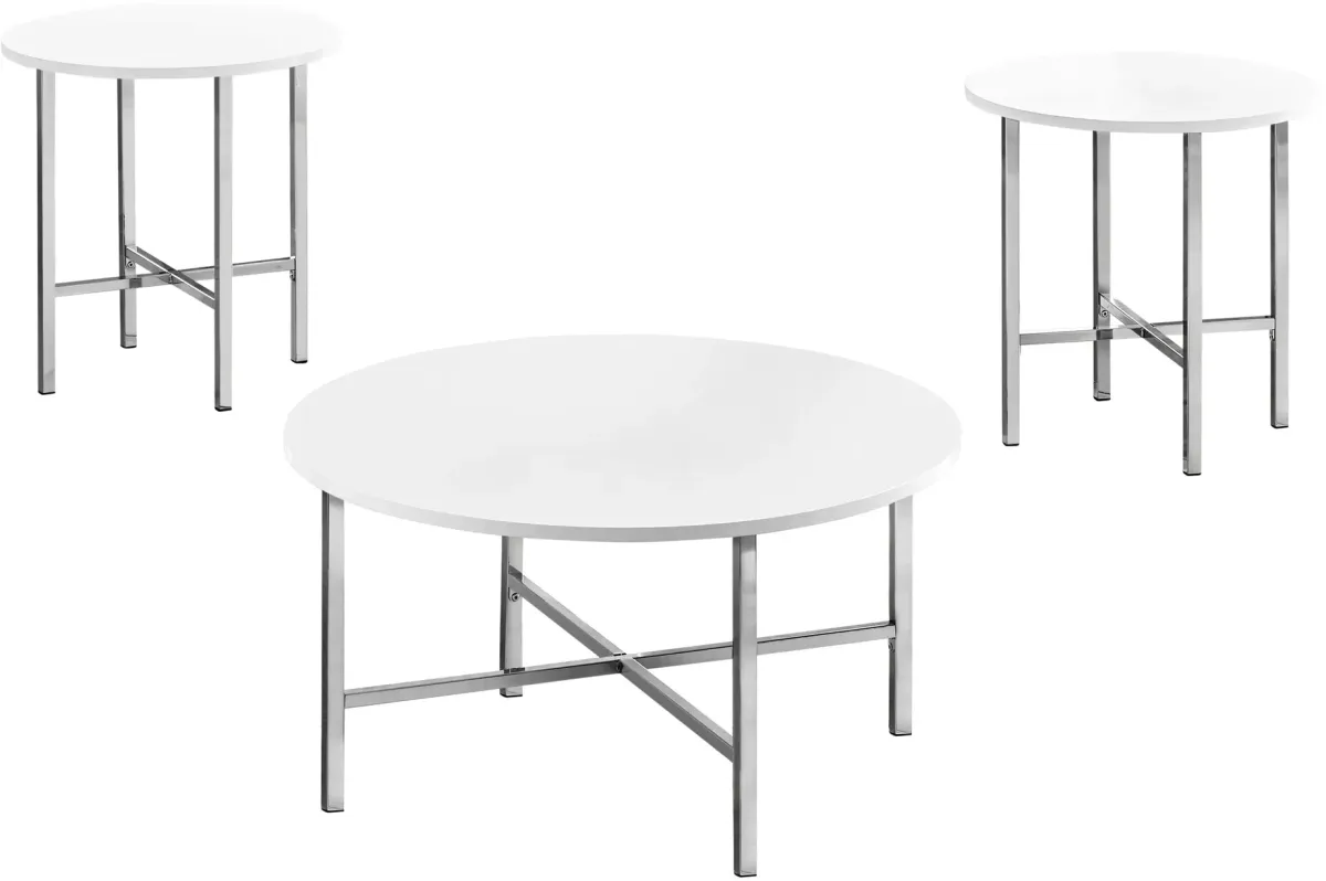 Table Set, 3Pcs Set, Coffee, End, Side, Accent, Living Room, Metal, Laminate, Glossy White, Chrome, Contemporary, Modern