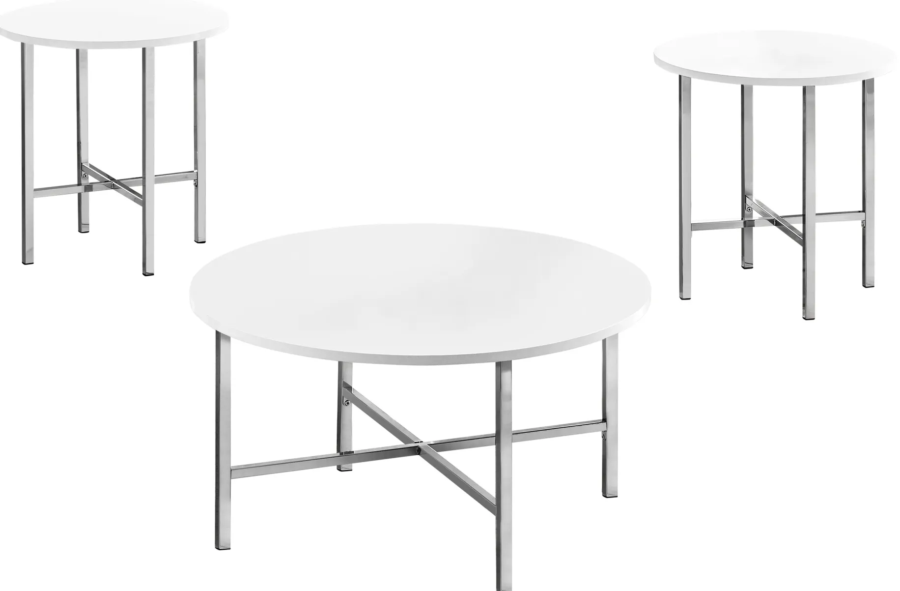 Table Set, 3Pcs Set, Coffee, End, Side, Accent, Living Room, Metal, Laminate, Glossy White, Chrome, Contemporary, Modern