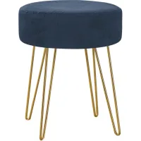 Ottoman, Pouf, Footrest, Foot Stool, 14" Round, Fabric, Metal Legs, Blue, Gold, Contemporary, Modern