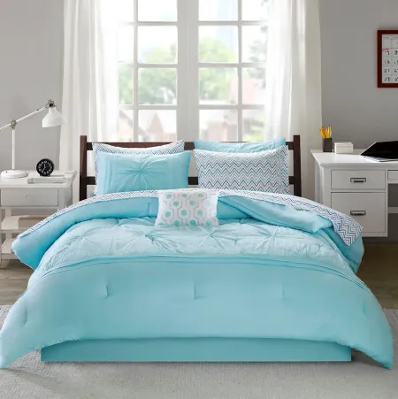 Olliix by Intelligent Design Toren Aqua Full Embroidered Comforter and Sheet Set