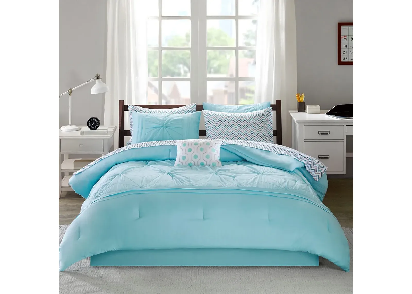 Olliix by Intelligent Design Toren Aqua Queen Embroidered Comforter and Sheet Set