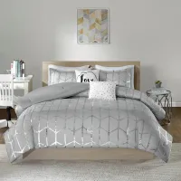 Olliix by Intelligent Design Raina Grey and Silver Twin/Twin XL Metallic Printed Comforter Set