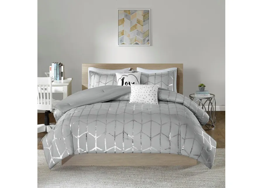 Olliix by Intelligent Design Raina Grey and Silver Twin/Twin XL Metallic Printed Comforter Set