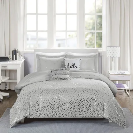 Olliix by Intelligent Design Zoey Grey and Silver Full/Queen Metallic Triangle Print Comforter Set
