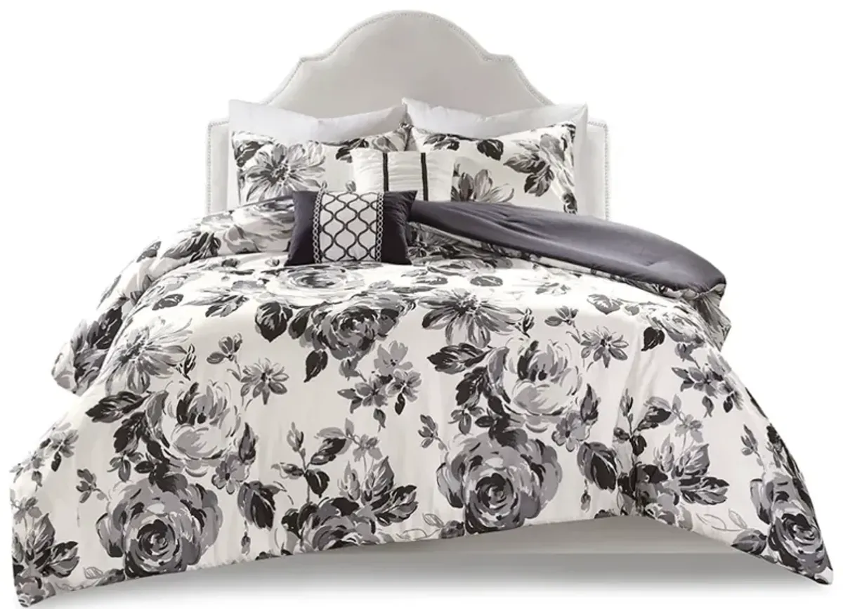 Olliix by Intelligent Design Black and White Dorsey Floral Print Comforter Set