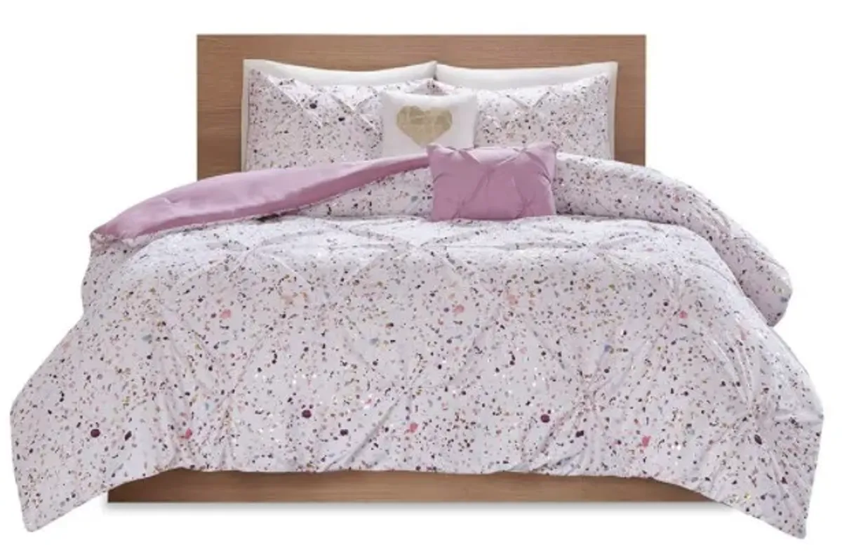 Olliix by Intelligent Design Abby Plum Full/Queen Metallic Printed and Pintucked Comforter Set