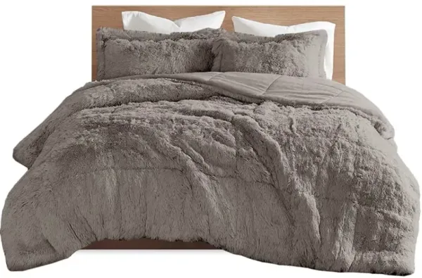 Olliix by Intelligent Design Malea Grey King/California King Shaggy Faux Fur Comforter Mini Set