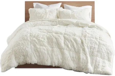 Olliix by Intelligent Design Malea Ivory Full/Queen Shaggy Faux Fur Comforter Mini Set