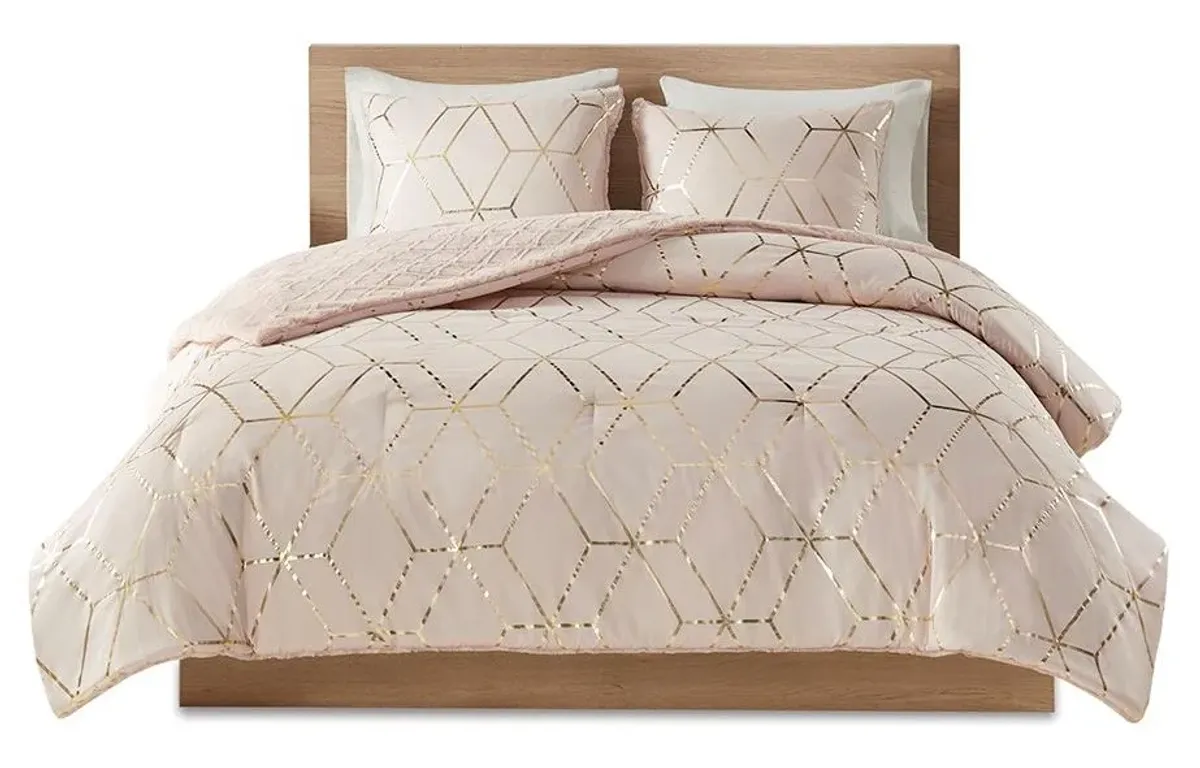 Olliix by Intelligent Design Ainsley Blush Twin/Twin XL Metallic Print Reversible Comforter Set