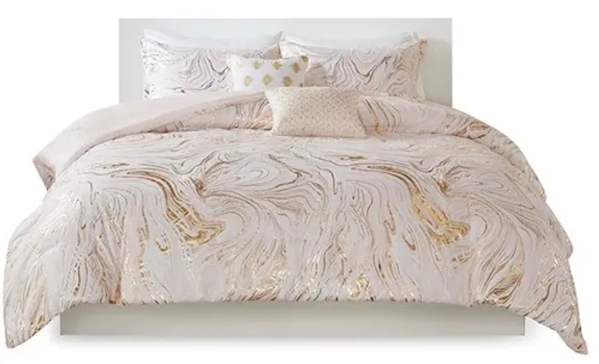 Olliix by Intelligent Design Rebecca Blush and Gold Full/Queen Metallic Printed Comforter Set